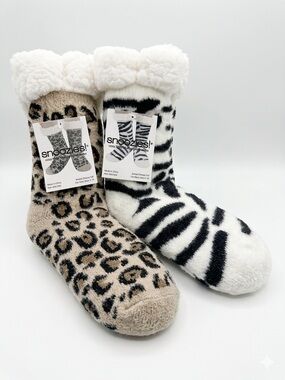 Snoozies Sherpa Lined Slipper Socks Leopard & Zebra Women’s 5-10 Cozy Set